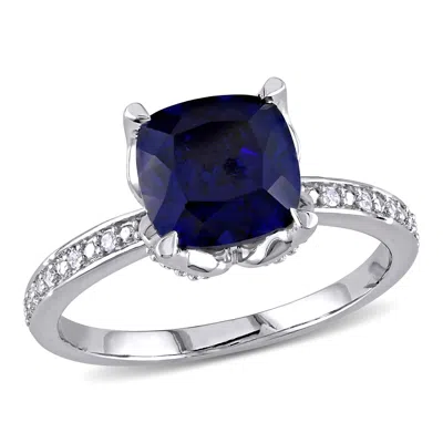 Mimi & Max Cushion-cut Created Blue Sapphire And Diamond Ring 10k White Gold