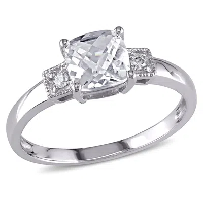Mimi & Max Cushion Cut Created White Sapphire Ring With Diamonds 10k White Gold