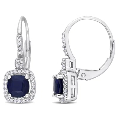 Mimi & Max Cushion Cut Diffused Sapphire And 1/5ct Tw Diamond Halo Leverback Earrings In 10k White Gold In Blue
