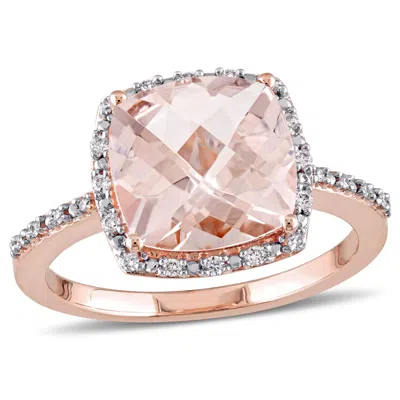 Mimi & Max Cushion Cut Morganite And 1/10ct Tw Diamond Engagement Ring In 14k Rose Gold In Pink