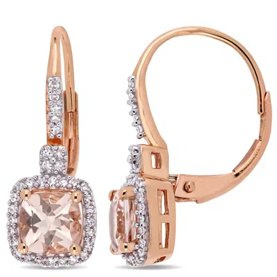 Mimi & Max Cushion-cut Morganite And 1/5ct Tw Diamond Halo Leverback Earrings In 10k Pink Gold In Silver