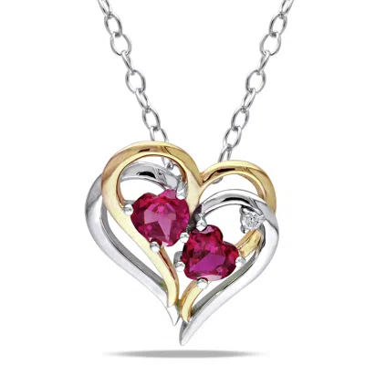 Mimi & Max Diamond And Created Ruby Heart Pendant With Chain In 2-tone Yellow And White Sterling Silver In Red