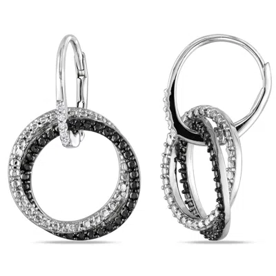 Mimi & Max Diamond Double Interlocked Circle Leverback Earrings In Sterling Silver With Black Rhodium In Multi