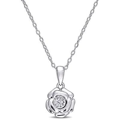 Mimi & Max Diamond Flower Pendant With Chain In Sterling Silver In White