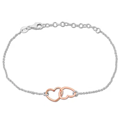Mimi & Max Double Rose Heart Charm Bracelet In Rose And Sterling Silver - 7+1 In. In Multi