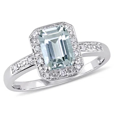 Mimi & Max Emerald Cut Aquamarine Ring With Diamonds In 10k White Gold In Blue