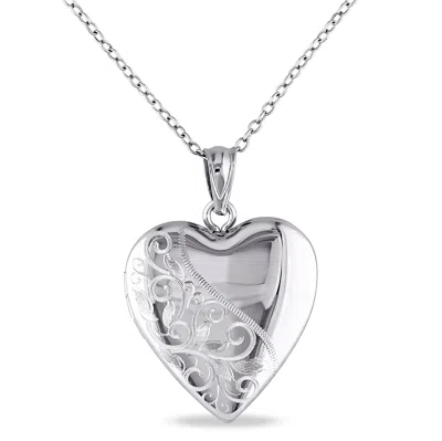 Mimi & Max Engraved Filigree Heart Locket Pendant With Chain In Sterling Silver