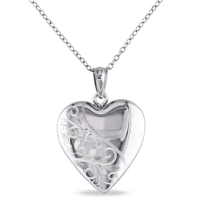 Mimi & Max Engraved Filigree Heart Locket Pendant With Chain In Sterling Silver In White