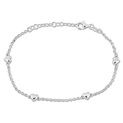 Mimi & Max Four Heart Charm Station Bracelet On Diamond Cut Rolo Chain In Sterling Silver- 7+1 In. In White