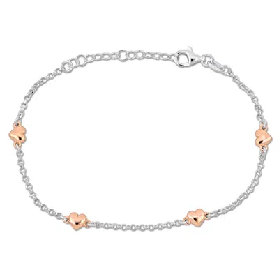 Mimi & Max Four Pink Heart Charm Station Bracelet In Rose And Sterling Silver - 7+1 In. In Multi