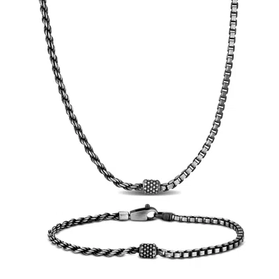 Mimi & Max Half Rope Half Box Link Necklace And Anklet Set Oxidised Sterling Silver In White