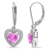 Mimi & Max Halo Diamond And Heart Shaped Created Pink Sapphire Leverback Earrings In Sterling Silver In Pink