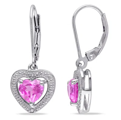Mimi & Max Halo Diamond And Heart Shaped Created Pink Sapphire Leverback Earrings In Sterling Silver