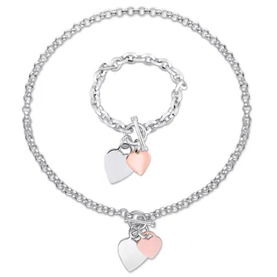 Mimi & Max Heart Charm Bracelet And Necklace Set In Two-tone Rose And White Sterling Silver In Metallic
