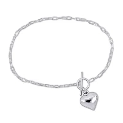 Mimi & Max Heart Charm Bracelet On 2mm Oval Link Chain In Sterling Silver - 7.5 In. In White