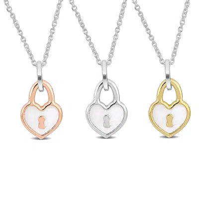 Mimi & Max Heart Lock Charm White Enamel 3-pc Necklace Set Three-tone Sterling Silver In Gray