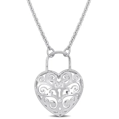 Mimi & Max Heart Lock Necklace With Chain In Sterling Silver - 16+3 In