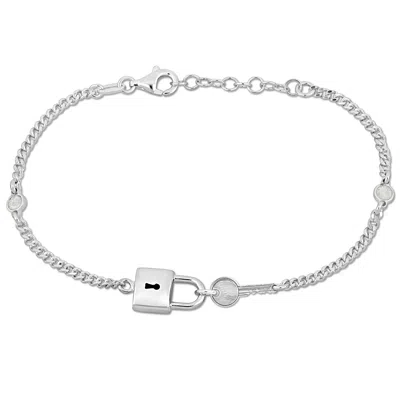 Mimi & Max Lock And Key Charm Bracelet On 2mm Curb Link Chain In Sterling Silver - 6.5+1 In. In White