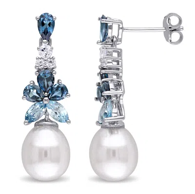 Mimi & Max London Sky Blue And White Topaz 8.5-9mm White Cultured Freshwater Pearl Earrings In Sterling Silver
