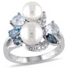 Mimi & Max London Swiss Sky Blue Topaz Created White Sapphire Cultured Freshwater Pearl Ring In Sterling Silver In Blue