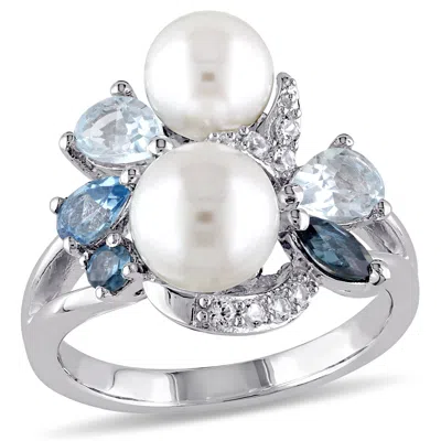 Mimi & Max London Swiss Sky Blue Topaz Created White Sapphire Cultured Freshwater Pearl Ring In Sterling Silver