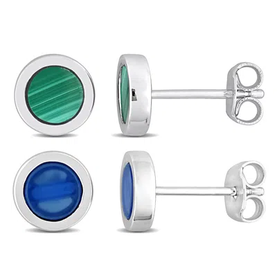Mimi & Max Men's 1 1/4ct Tgw Round Blue Agate Malachite Stud Earrings 2-piece Set Sterling Silver In Multi