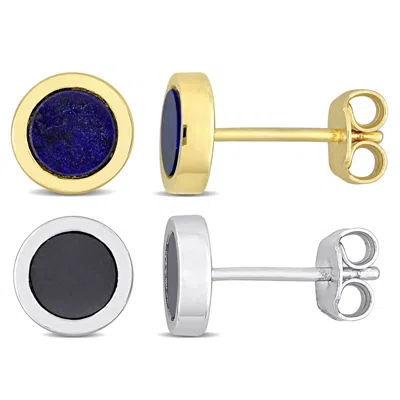 Mimi & Max Men's 1 1/4ct Tgw Round Hematite Lapis Stud Earrings 2-piece Set Yellow White Sterling Silver In Multi