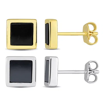 Mimi & Max Men's 2ct Square Black Onyx Hematite Stud Earrings 2-piece Set Yellow White Sterling Silver