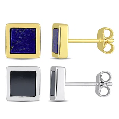 Mimi & Max Men's 2ct Tgw Lapis Hematite Square Stud Earrings 2-piece Set 2-tone Sterling Silver In Gold