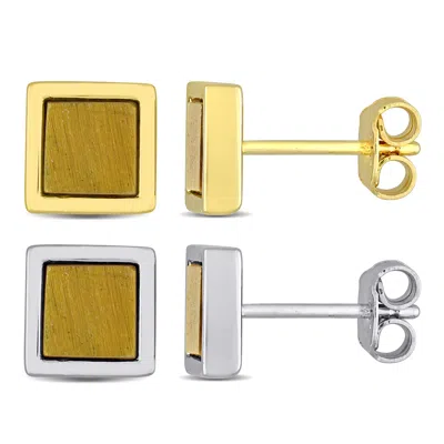 Mimi & Max Men's 2ct Tgw Tigers Eye Square Stud Earrings 2-piece Set 2-tone Sterling Silver In Yellow