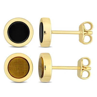 Mimi & Max Men's 2-piece Set 1 1/4ct Black Onyx Tigers Eye Round Stud Earrings Yellow Silver In Gold