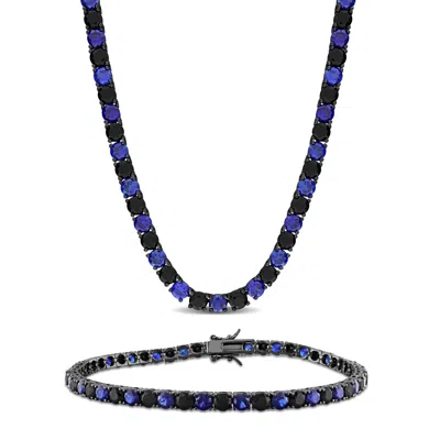 Mimi & Max Men's 58 1/10ct Tgw Created Blue Black Sapphire Jewelry Set Black Rhodium Sterling Silver