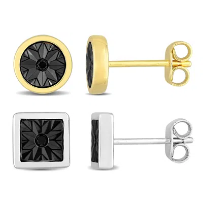 Mimi & Max Men's Square Round Black Diamond Stud Earrings 2-piece Set Yellow White Sterling Silver In Gold