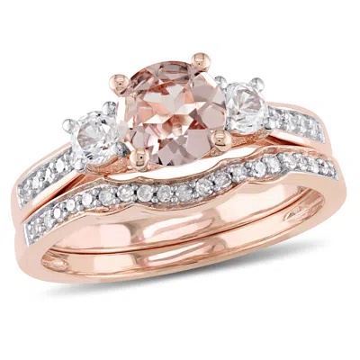 Mimi & Max Morganite, Created White Sapphire And 1/7ct Tw Diamond 3-stone Bridal Ring Set In 10k Rose Gold In Silver