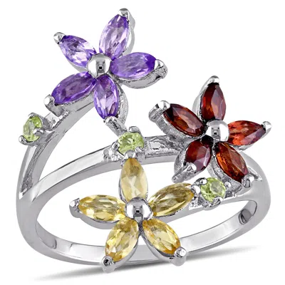 Mimi & Max Multi Gemstone Triple Flower Ring In Sterling Silver