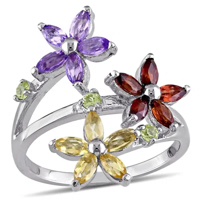 Mimi & Max Multi Gemstone Triple Flower Ring In Sterling Silver In Red