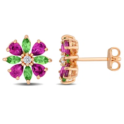 Mimi & Max Multi-gem Flower Stud Earrings Sterling Silver In Pink