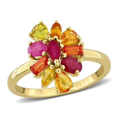 Mimi & Max Multi-shape Gemstone Floral Ring Sterling Silver In Red