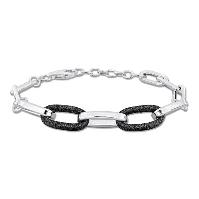 Mimi & Max Oval Link Bracelet W/ Black Sparkle Enamel In Sterling Silver - 8+1 In. In Multi