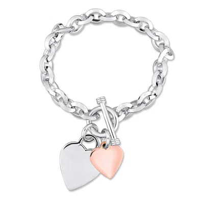 Mimi & Max Oval Link Bracelet With Double Heart Charm And Toggle Clasp In 2-tone Rose And White Sterling Silver