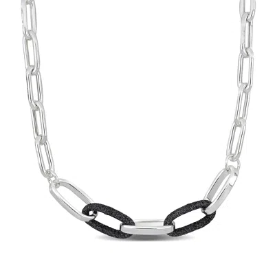 Mimi & Max Oval Link Necklace W/ Black Sparkle Enamel In Sterling Silver - 18+2 In. In Multi
