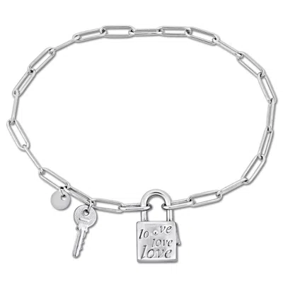 Mimi & Max Paper Clip Link Charm Bracelet W/lock And Key Clasp In Sterling Silver - 7.5 In. In White