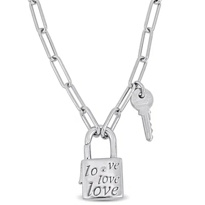 Mimi & Max Paper Clip Link Necklace W/lock And Key Clasp In Sterling Silver- 20 In. In White