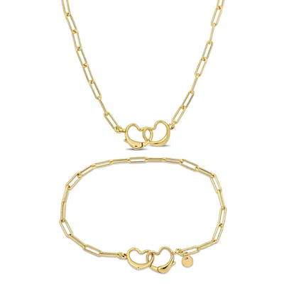Mimi & Max Paperclip Double Heart Clasp Bracelet And Necklace Yellow Plated Sterling Silver