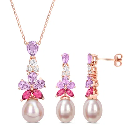 Mimi & Max Pink Cultured Freshwater Pearl 4 4/5ct Tgw Rose De France Pink White Topaz Jewelry Set Rose Silver In Multi