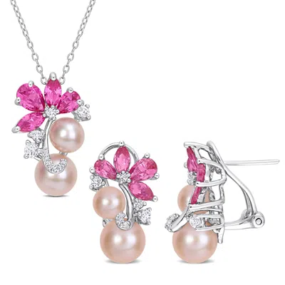 Mimi & Max Pink Cultured Freshwater Pearl 7 3/8ct Tgw Created Pink White Sapphire Jewelry Set Sterling Silver In Multi