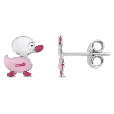 Mimi & Max Pink Enamel Duck Stud Earrings In Sterling Silver