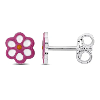 Mimi & Max Pink Enamel Flower Stud Earrings In Sterling Silver