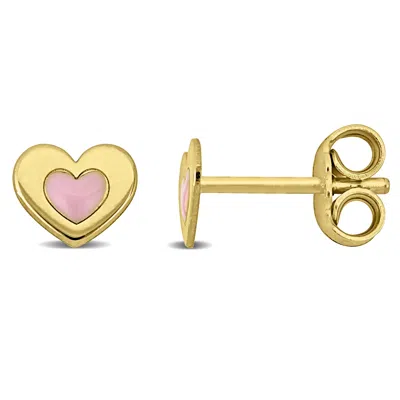 Mimi & Max Pink Enamel Heart Stud Earrings In Yellow Plated Sterling Silver