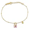 Mimi & Max Pink Enamel Lock And Heart Charm Bracelet In Yellow Silver- 7+1 In. In Multi